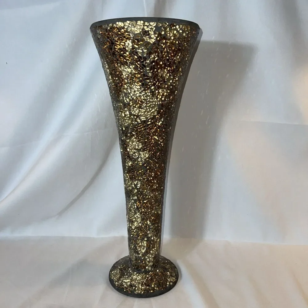 Vintage Tall Mosaic Gold Glass Crackle Vase - Flaw‎